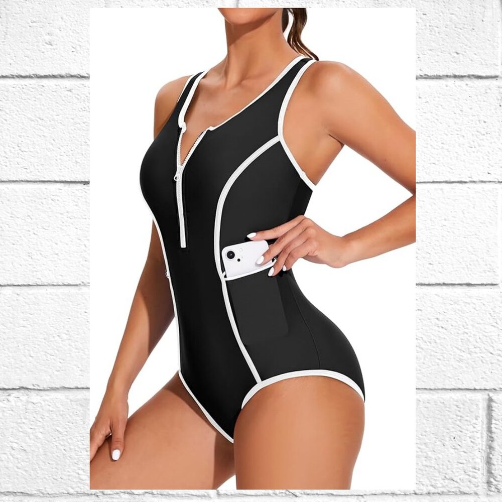 NWT! Sporty One-Piece Racerback Bathing Suit with UPF 50+ Protection and Pockets